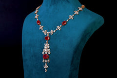 Cherry Red Stone CZ Necklace Set: Exquisite Silver Jewelry By Khaitan Jewels