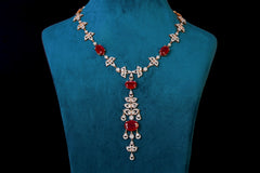 Cherry Red Stone CZ Necklace Set: Exquisite Silver Jewelry By Khaitan Jewels
