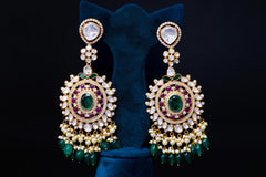 Silver Polki Grace Earrings with Beaded Fringe By Khaitan Jewels
