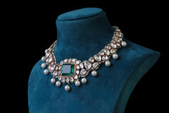 Green Square Stone Polki Necklace Set: Exquisite Jewelry by Khaitan Jewels