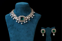 Green Square Stone Polki Necklace Set: Exquisite Jewelry by Khaitan Jewels