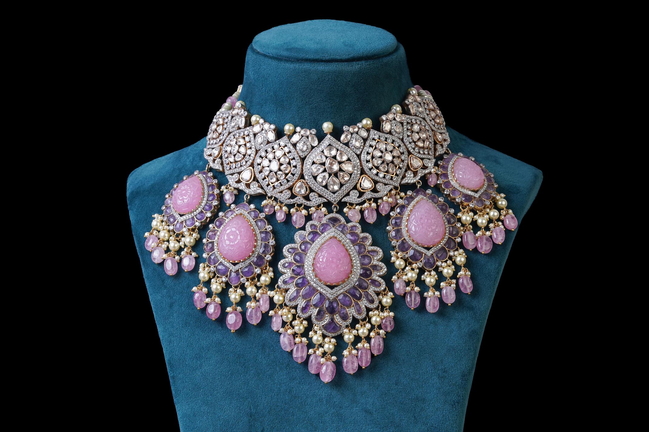 Pink Bridal Necklace Set: Exquisite 18KT Gold Plated Jewelry by Khaitan Jewels