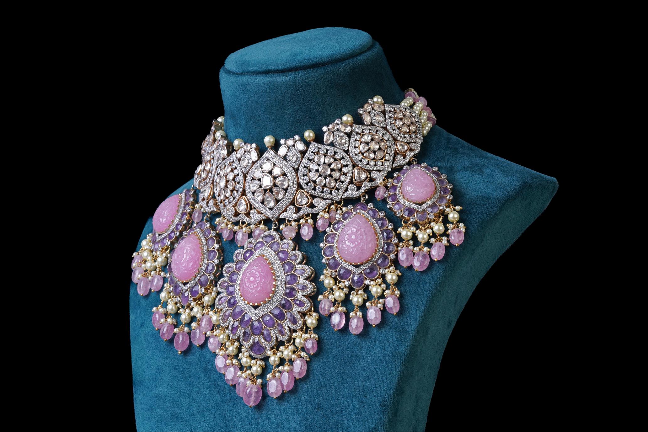 Pink Bridal Necklace Set: Exquisite 18KT Gold Plated Jewelry by Khaitan Jewels
