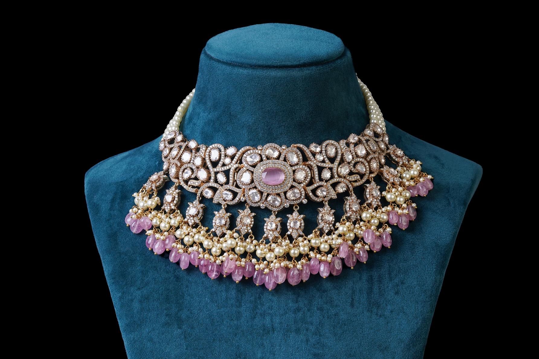 Pink Round Stone Necklace Set: Elegant Jewelry by Khaitan Jewels