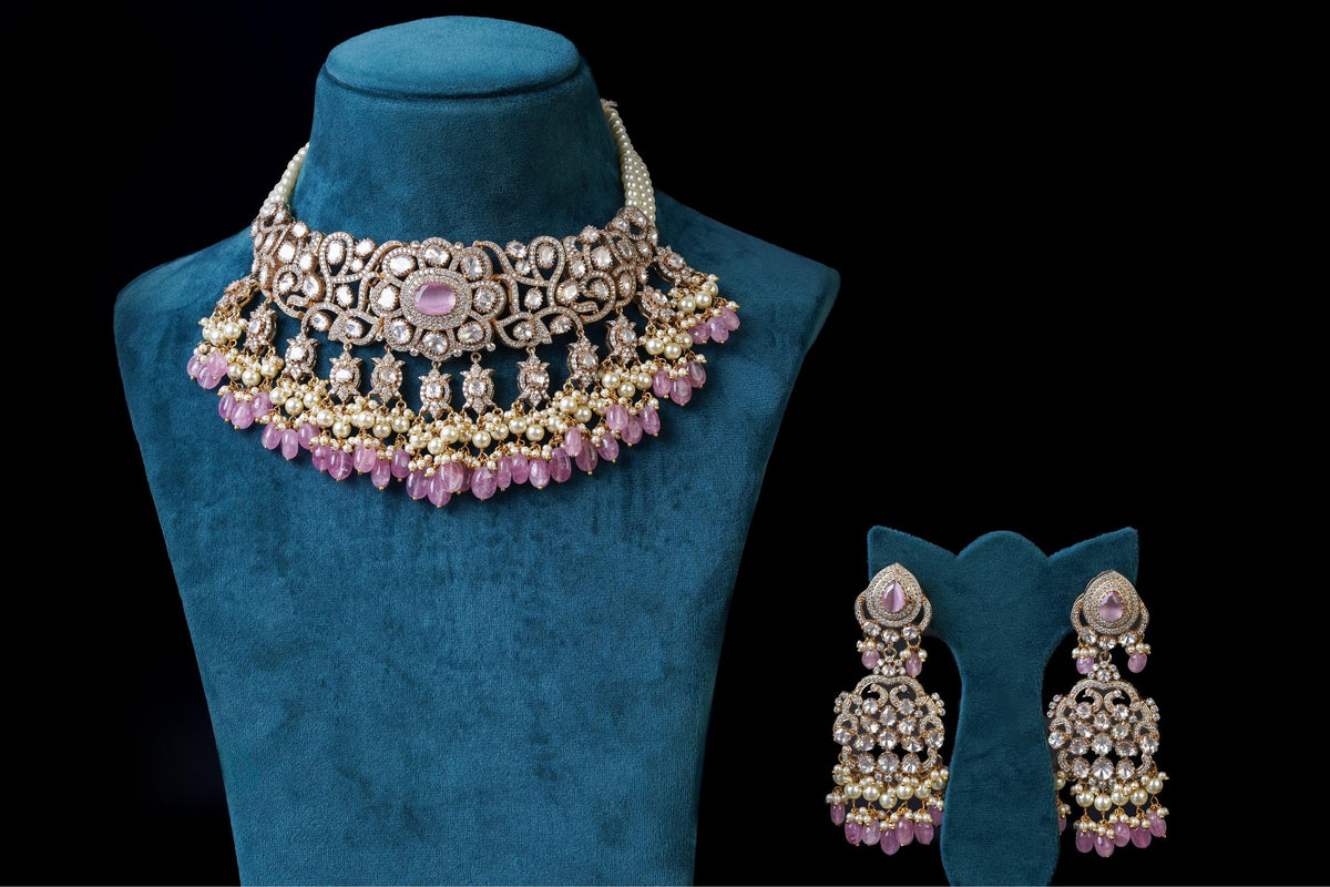 Pink Round Stone Necklace Set: Elegant Jewelry by Khaitan Jewels