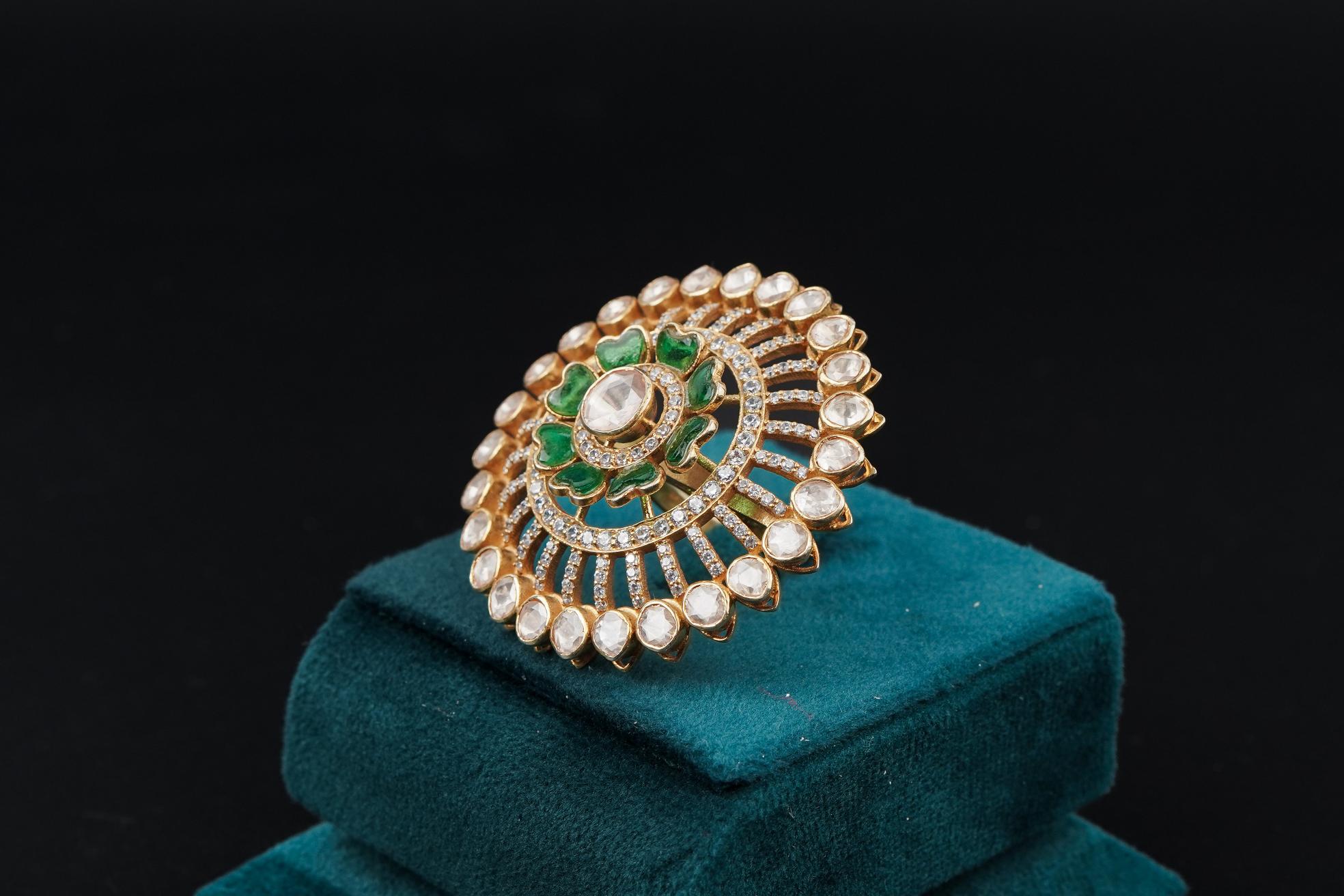Luxurious Green Heart Ring Outlined with Diamonds: Exquisite Jewelry by Khaitan Jewels
