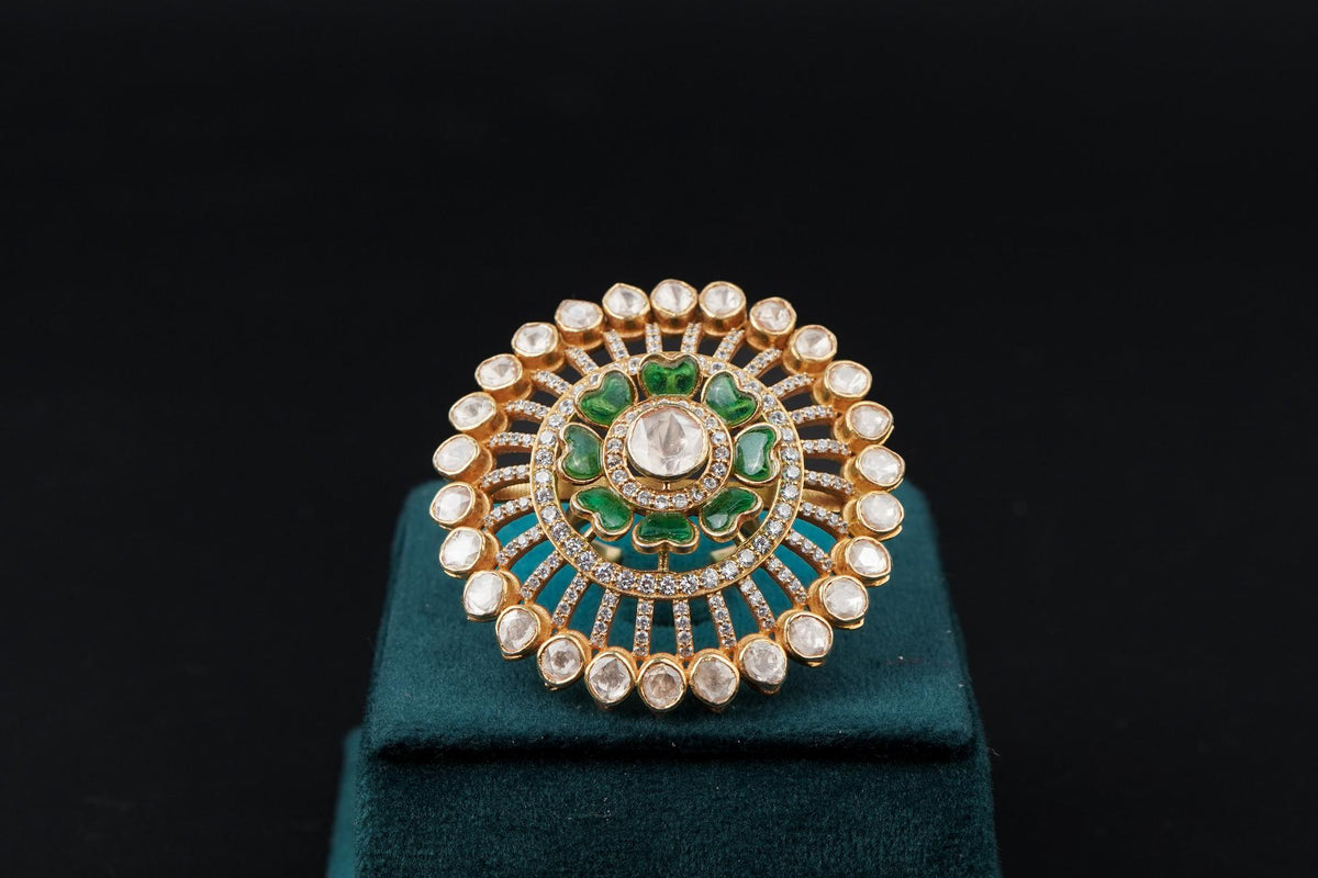 Luxurious Green Heart Ring Outlined with Diamonds: Exquisite Jewelry by Khaitan Jewels