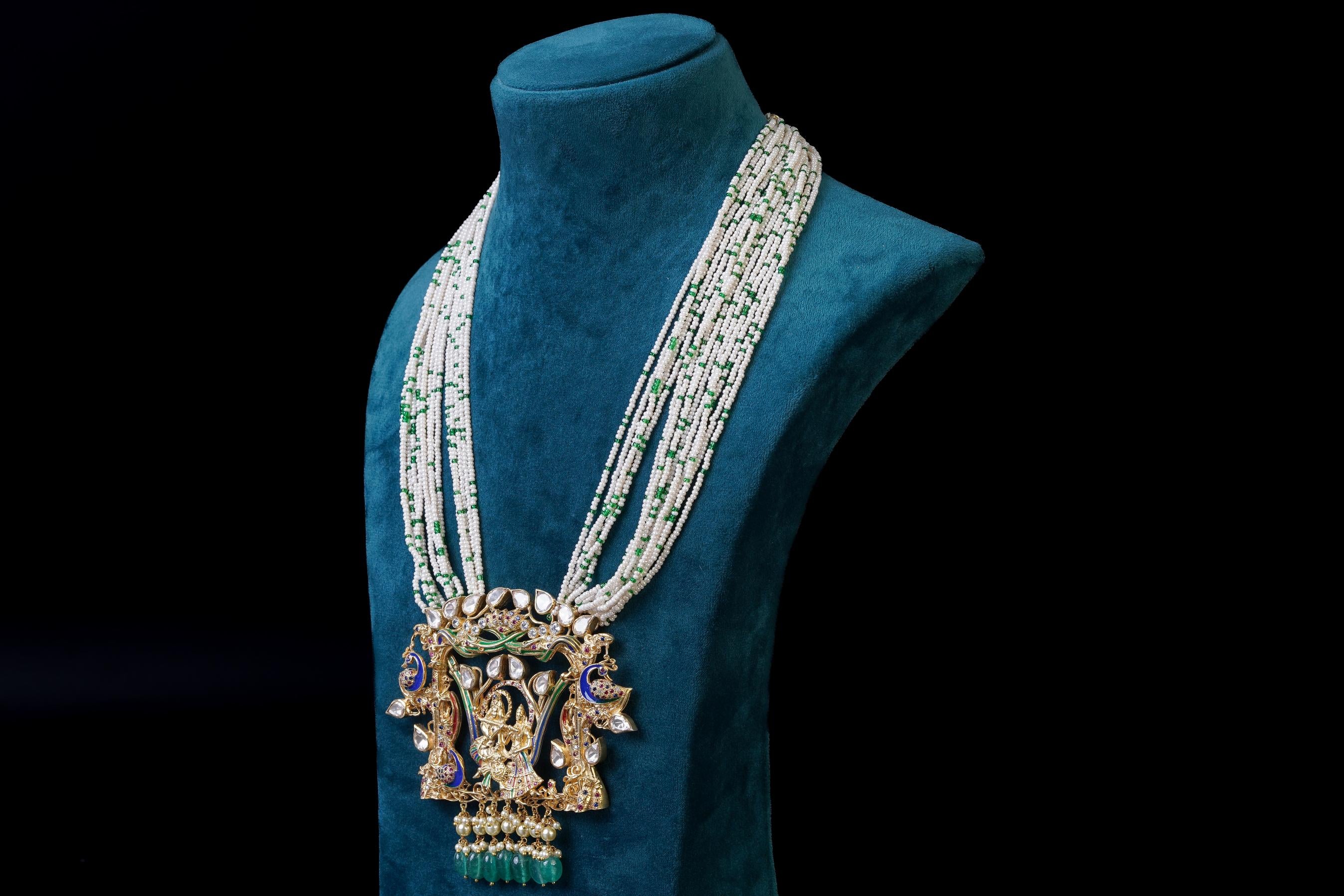 Green Radha Krishna Pendant Set: 18KT Gold Plated by Khaitan Jewels