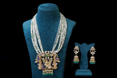 Green Radha Krishna Pendant Set: 18KT Gold Plated by Khaitan Jewels