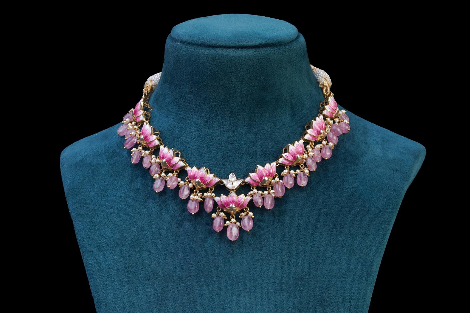 Pink Lotus Designer Necklace Set: Exquisite Jewelry by Khaitan Jewels