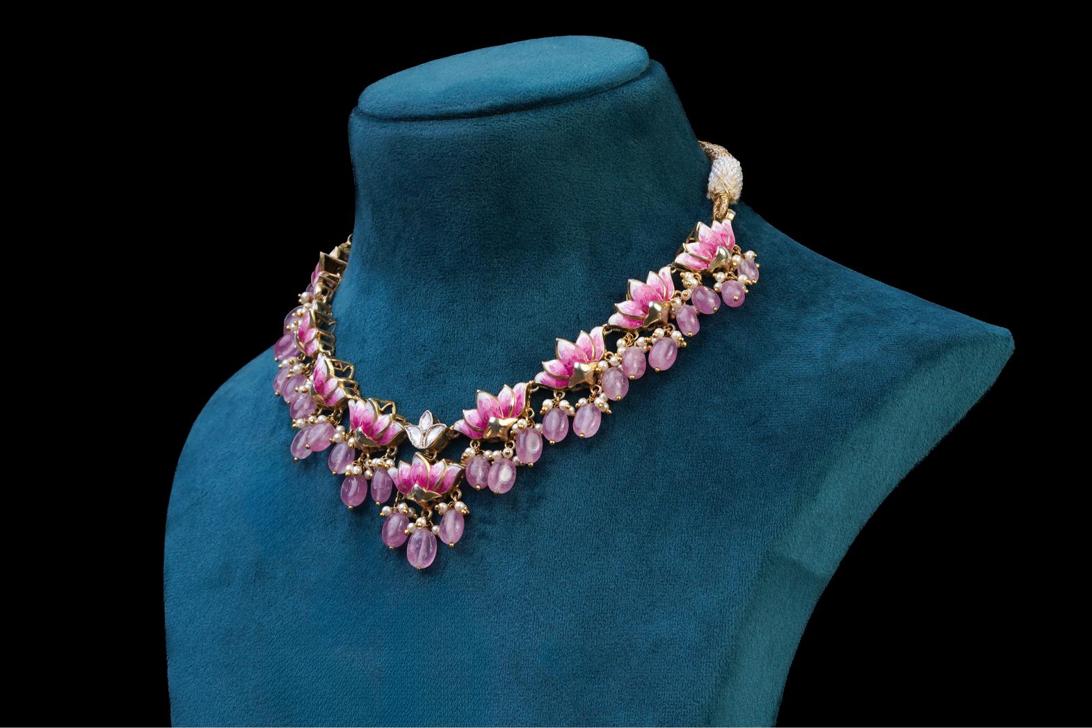 Pink Lotus Designer Necklace Set: Exquisite Jewelry by Khaitan Jewels