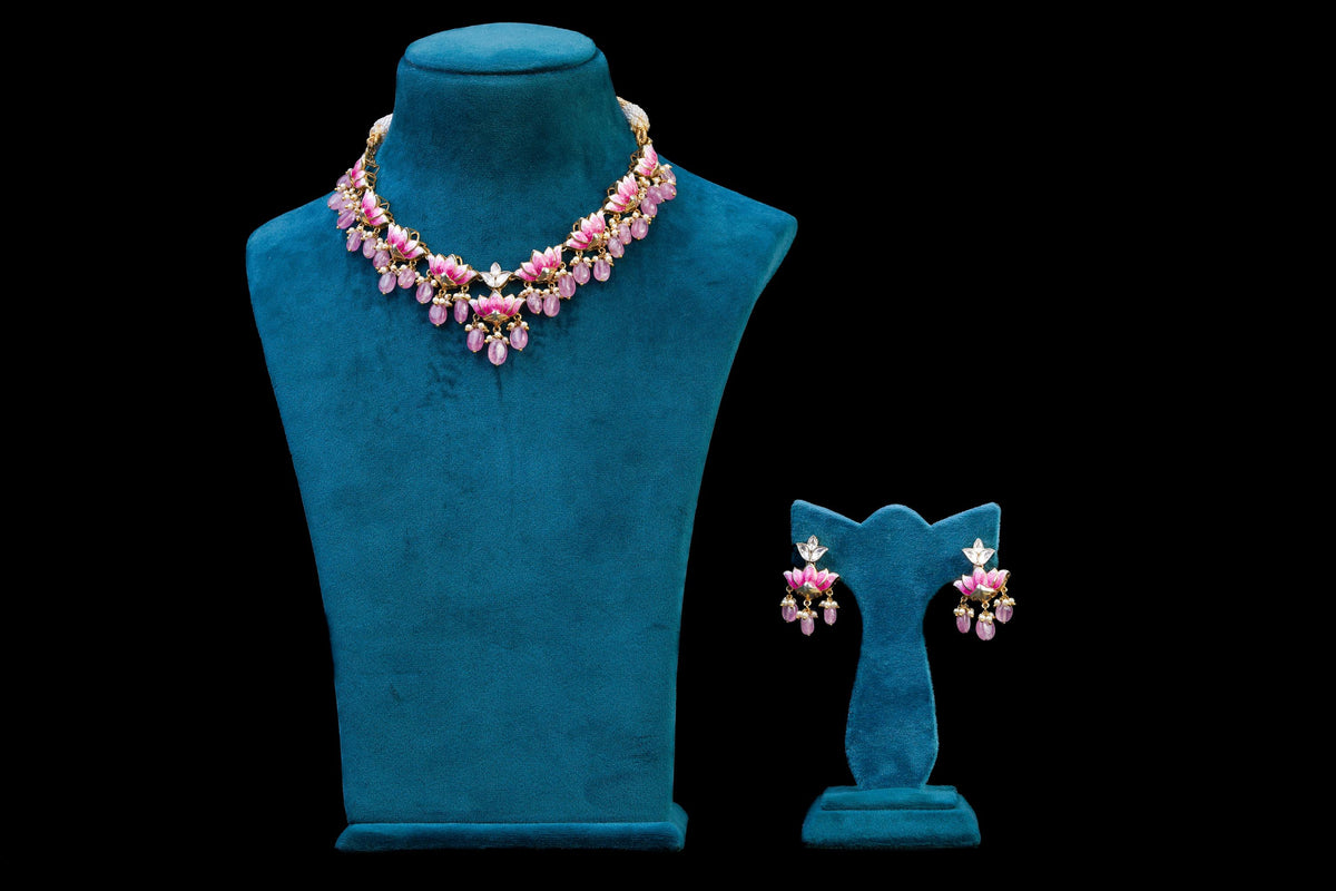 Pink Lotus Designer Necklace Set: Exquisite Jewelry by Khaitan Jewels