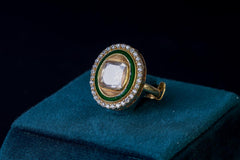 Green Polki Fusion Ring with Diamond Outline: Exquisite Jewelry by Khaitan Jewels