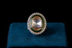 Green Polki Fusion Ring with Diamond Outline: Exquisite Jewelry by Khaitan Jewels