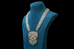 Green Lotus Long Pendant Set: Exquisite Jewelry by Khaitan Jewels