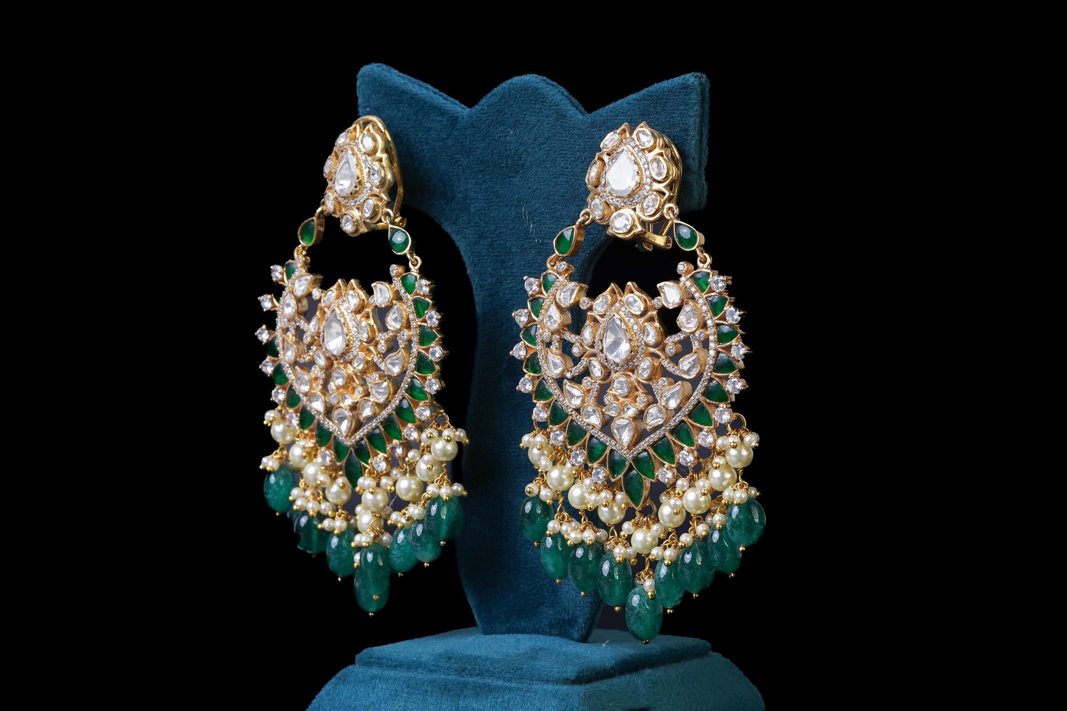Green Lotus Long Pendant Set: Exquisite Jewelry by Khaitan Jewels