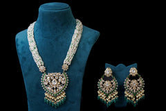 Green Lotus Long Pendant Set: Exquisite Jewelry by Khaitan Jewels