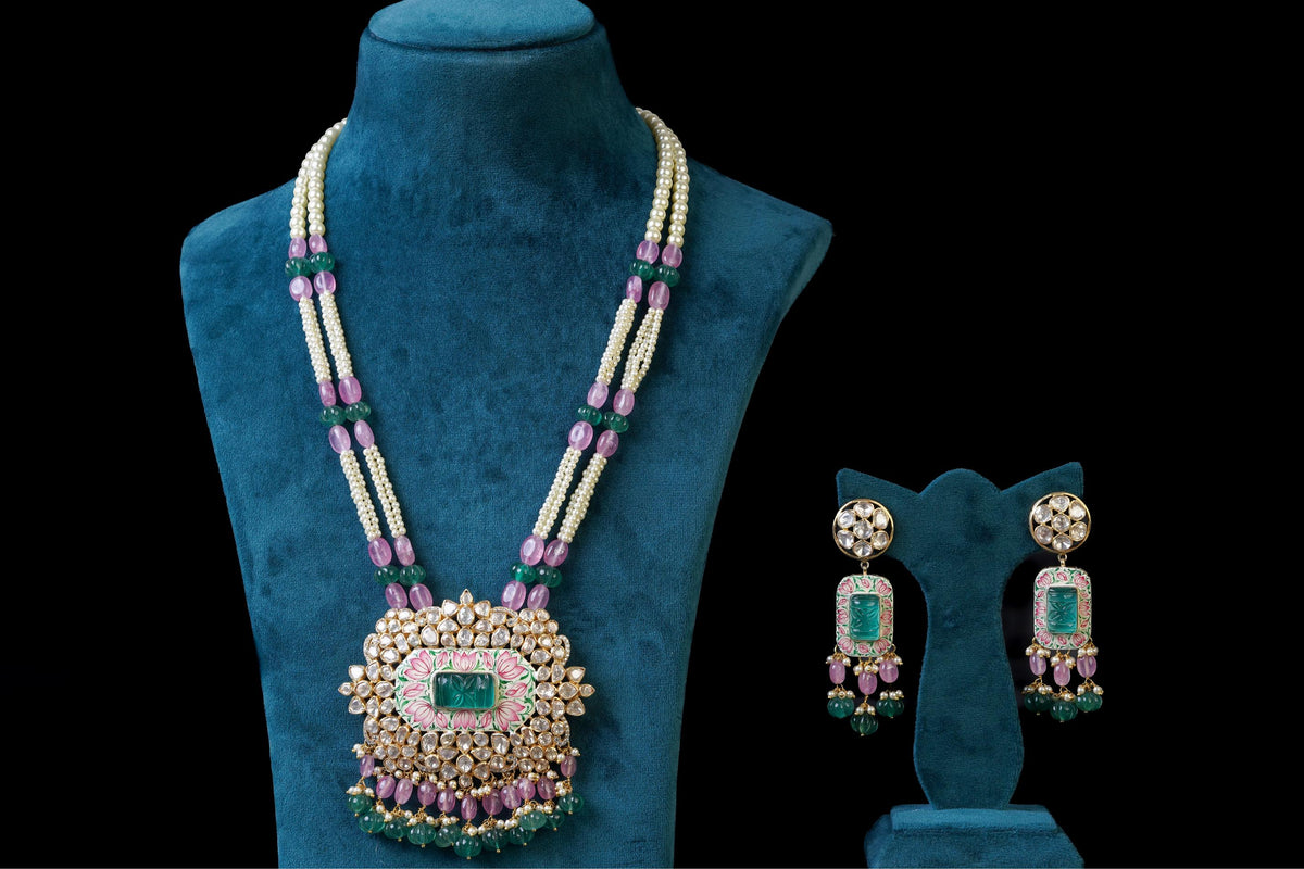 Green Meena Pendant Set: Exquisite 18KT Gold Plated Jewelry by Khaitan Jewels