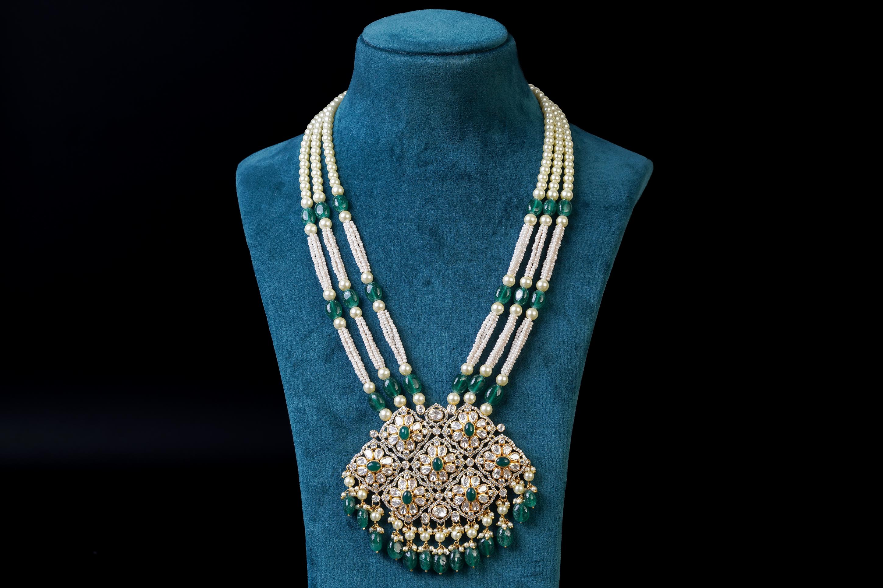 Green Floral Necklace Set: Exquisite 18KT Gold Plated Jewelry by Khaitan Jewels