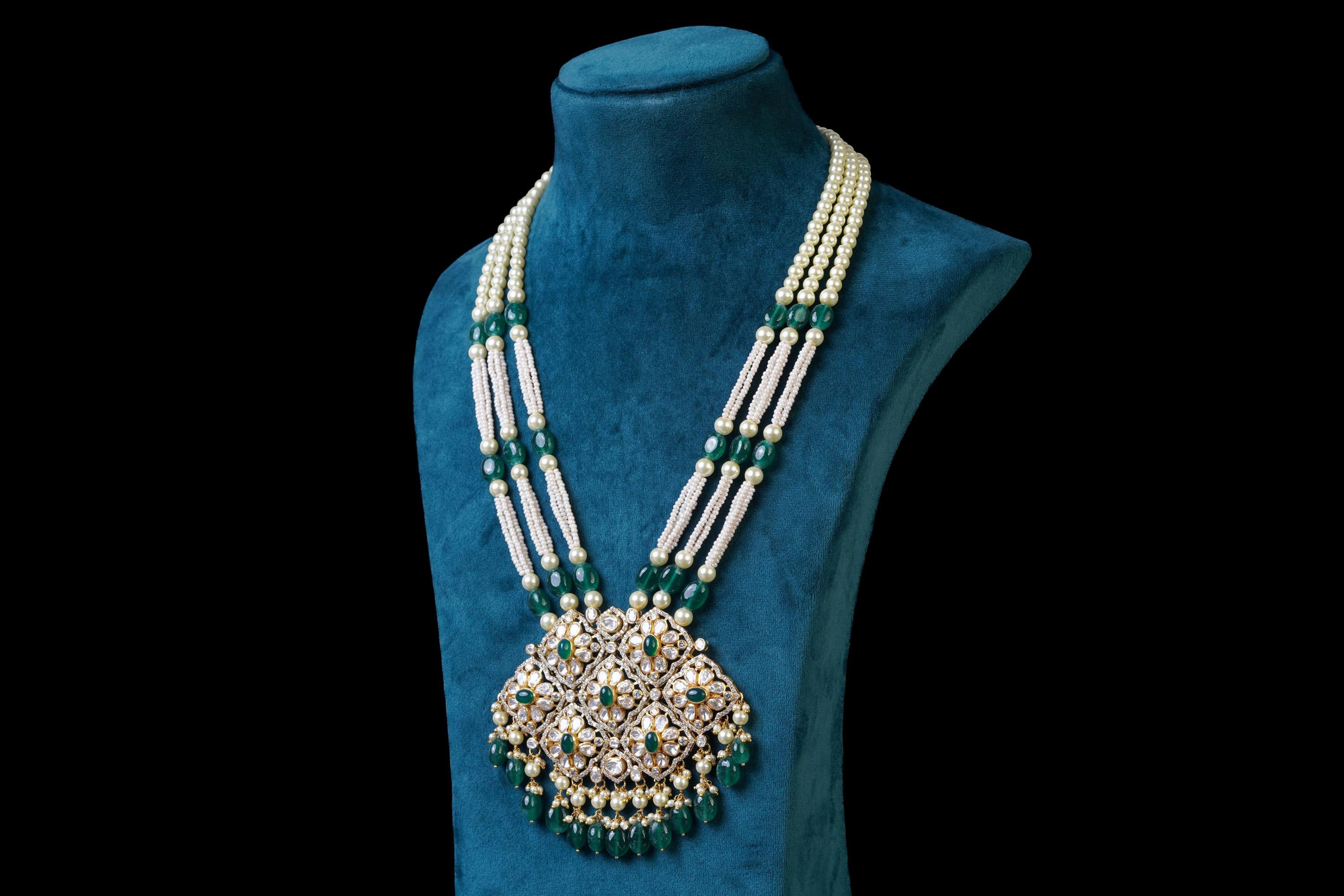 Green Floral Necklace Set: Exquisite 18KT Gold Plated Jewelry by Khaitan Jewels