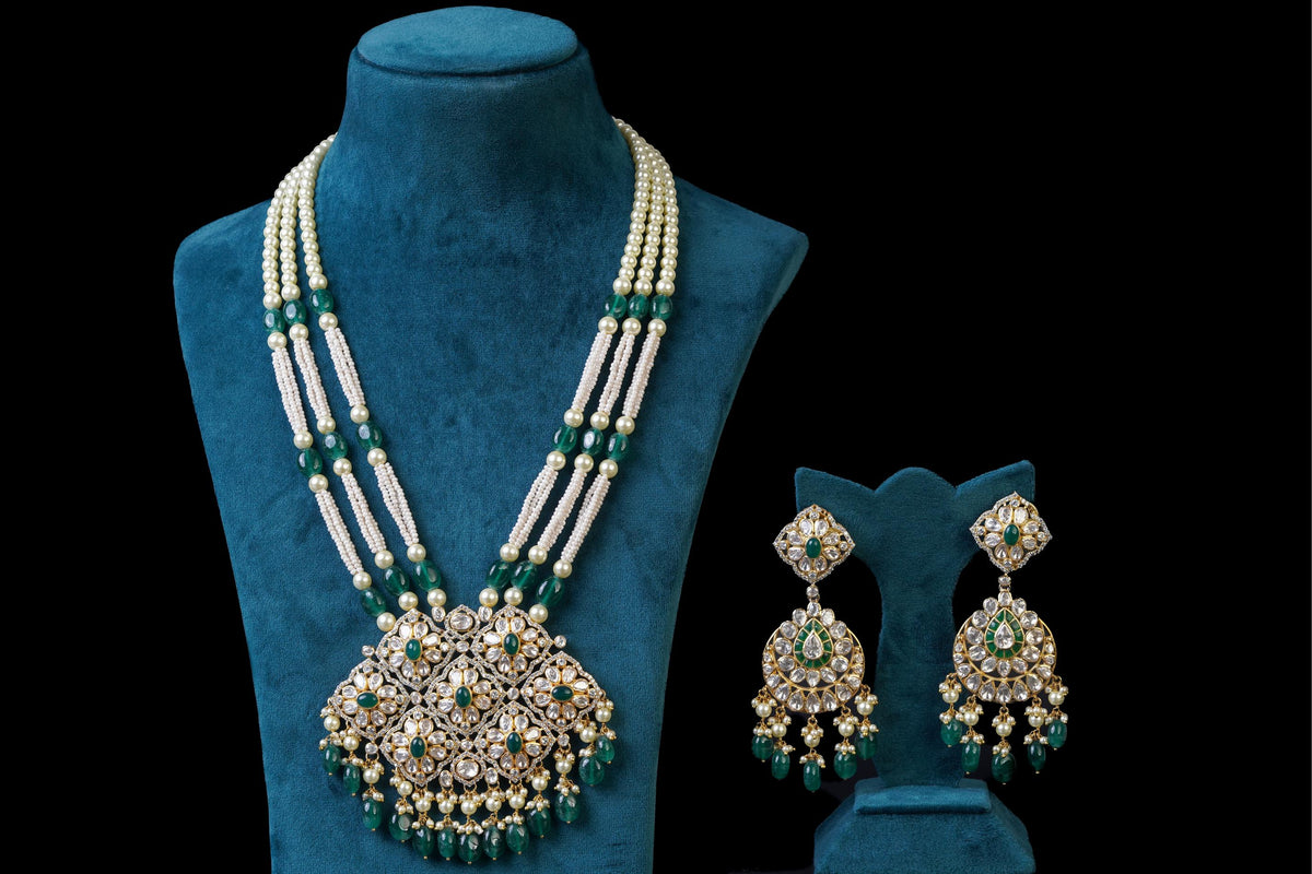 Green Floral Necklace Set: Exquisite 18KT Gold Plated Jewelry by Khaitan Jewels