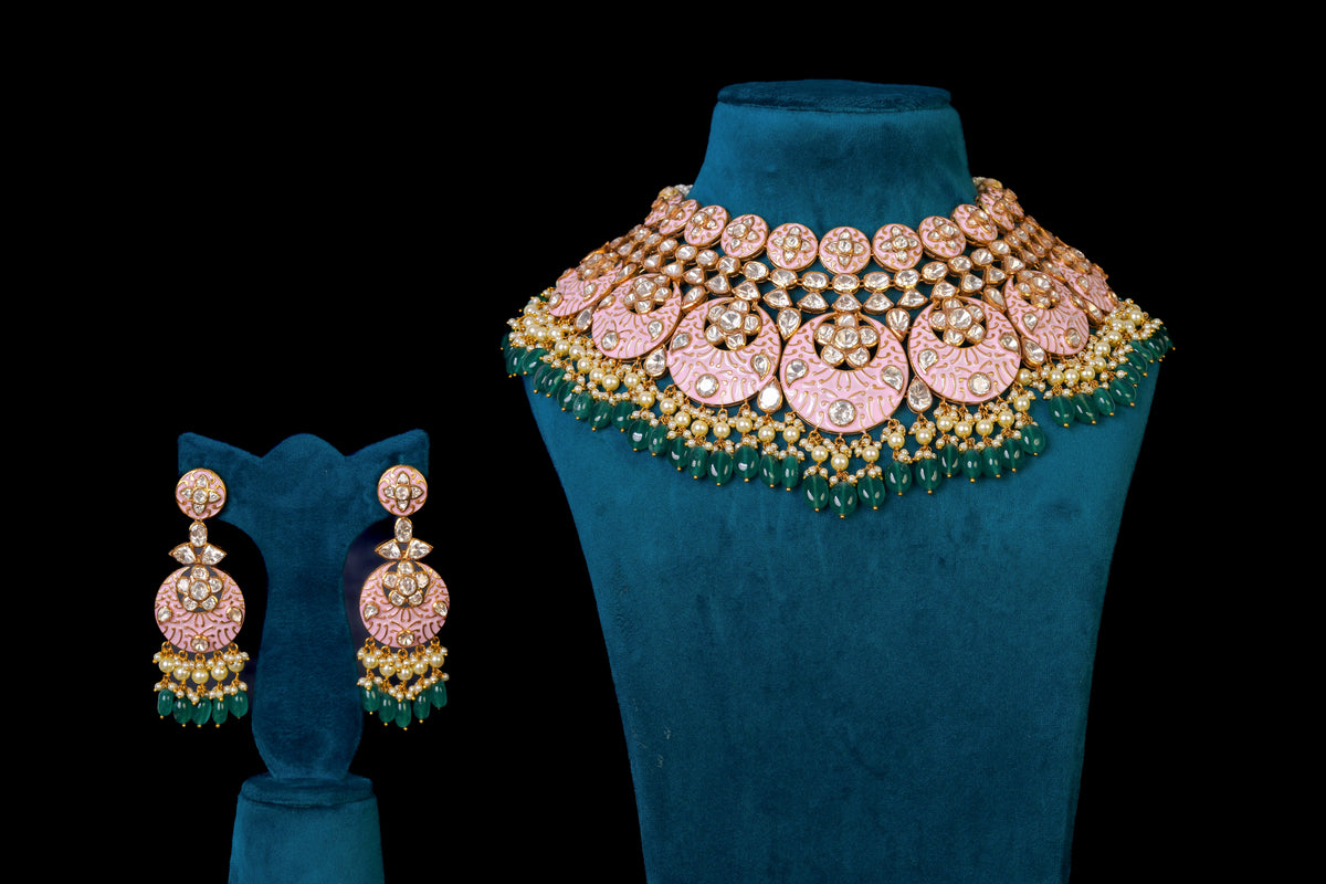 Pink Blushing Beauty Bridal Necklace Set: Exquisite Silver Jewelry by Khaitan Jewels