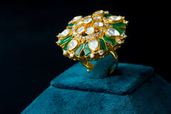 Emerald Petal Polki Ring: Elegant Silver Jewelry by Khaitan Jewels