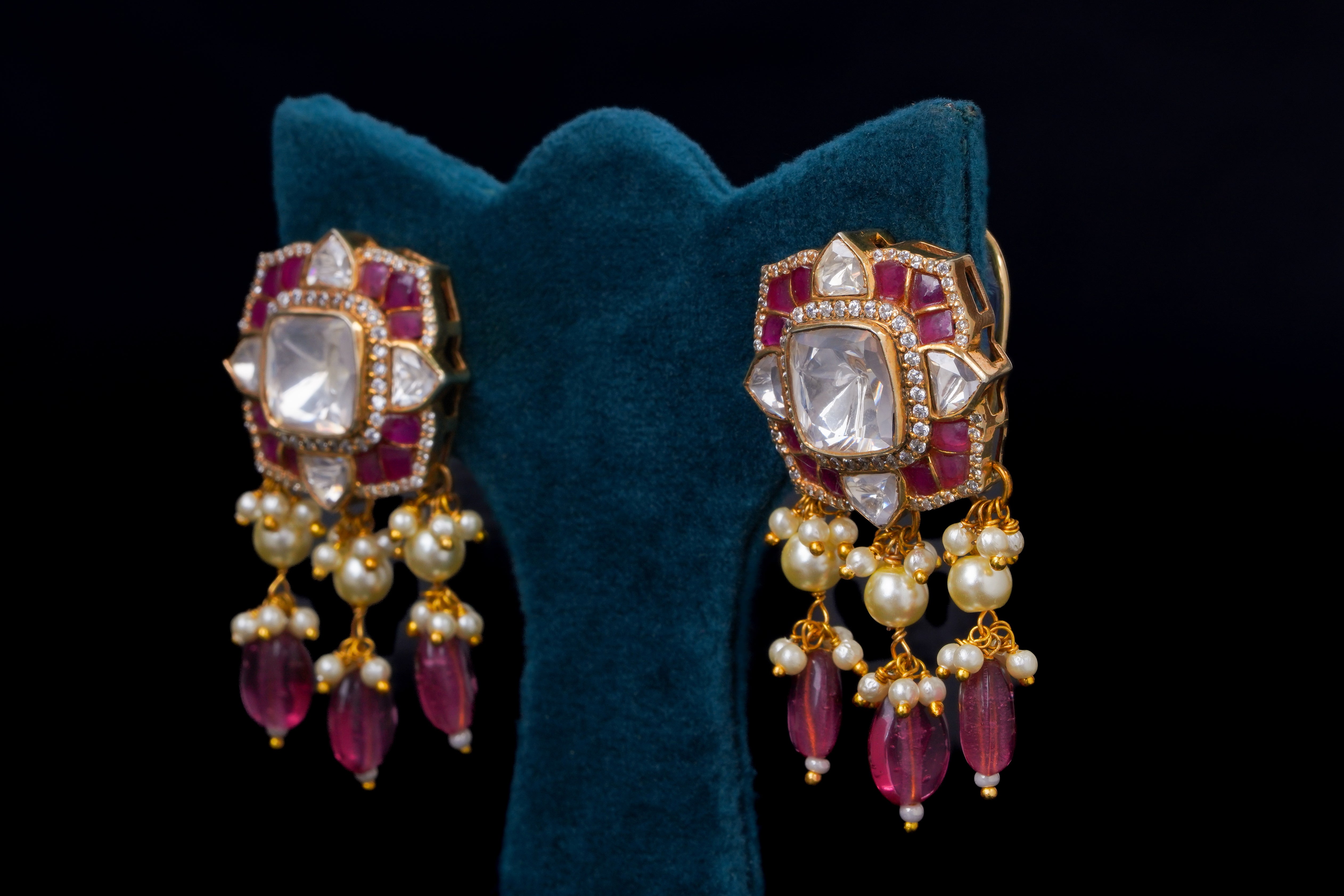 Elegant Pink Polki Silver Earrings By Khaitan Jewels