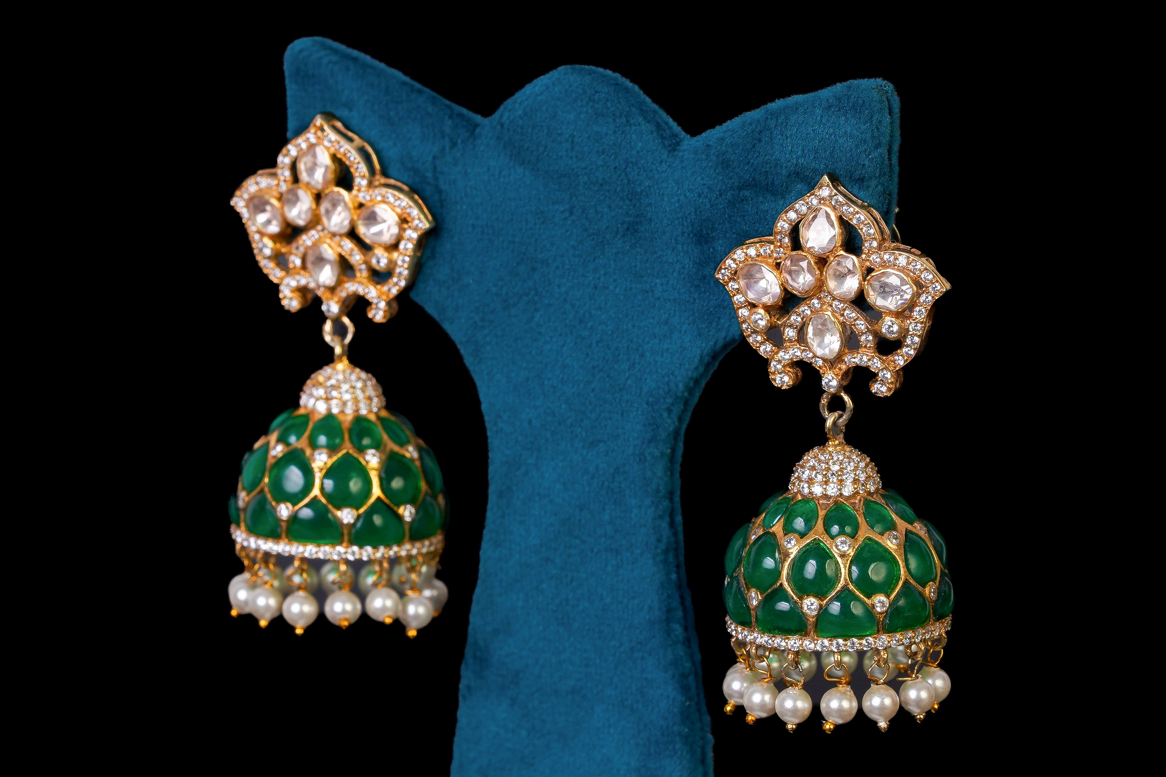 Silver Greenstone Jhumka With Mosonite Stone By Khaitan Jewels