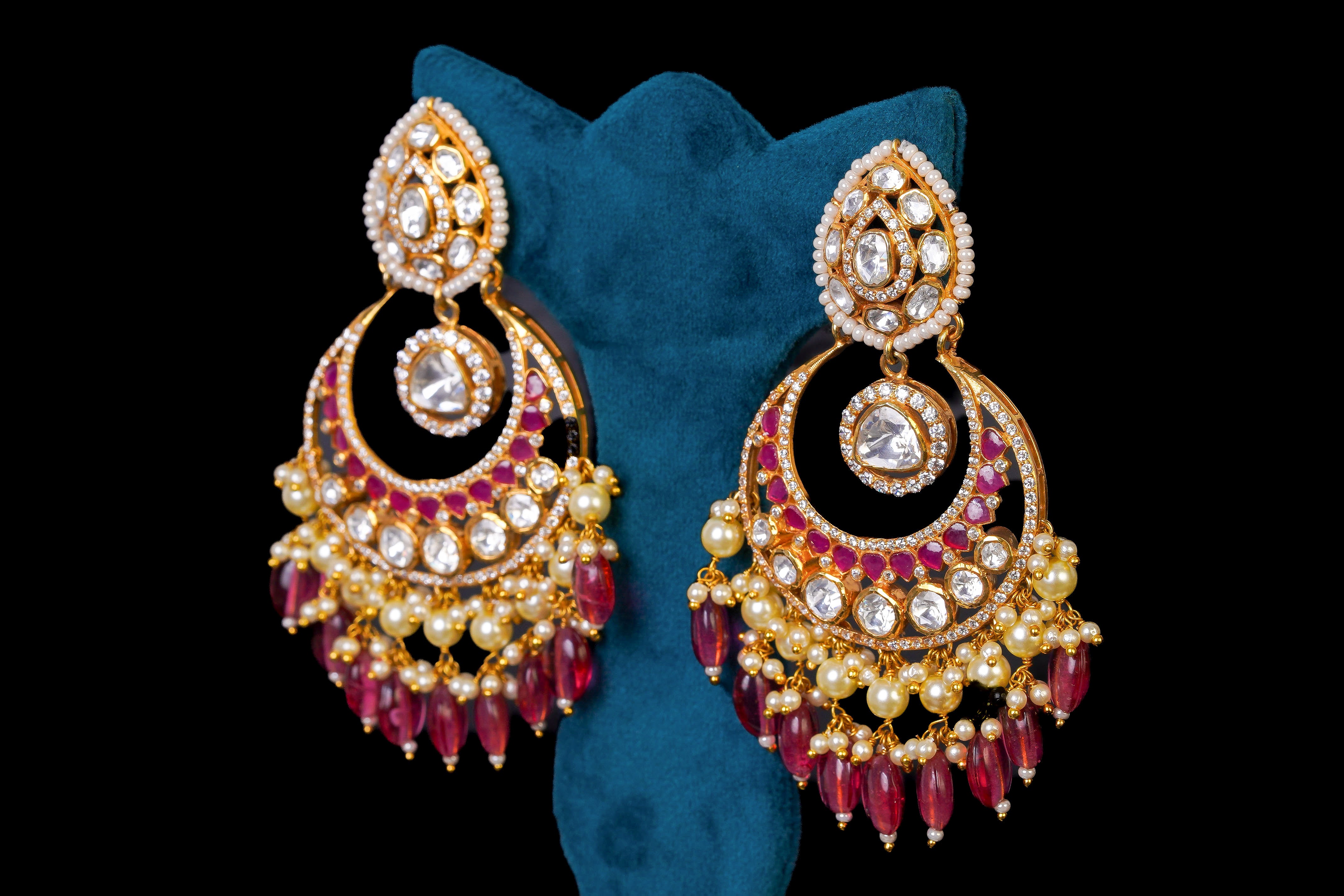CHAND BALIYA WITH RED STONE HANGING BY KHAITAN JEWELS