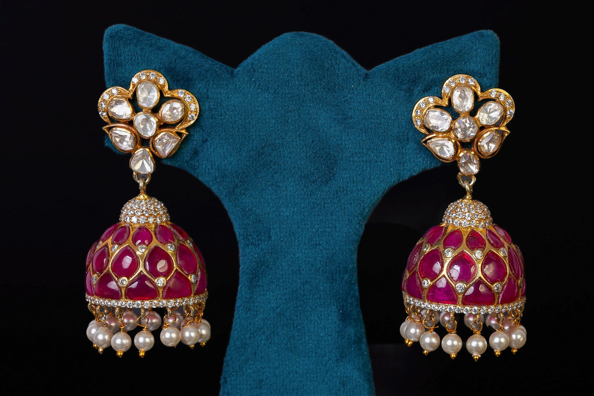 RED STONE SILVER JHUMKA BY KHAITAN JEWELS