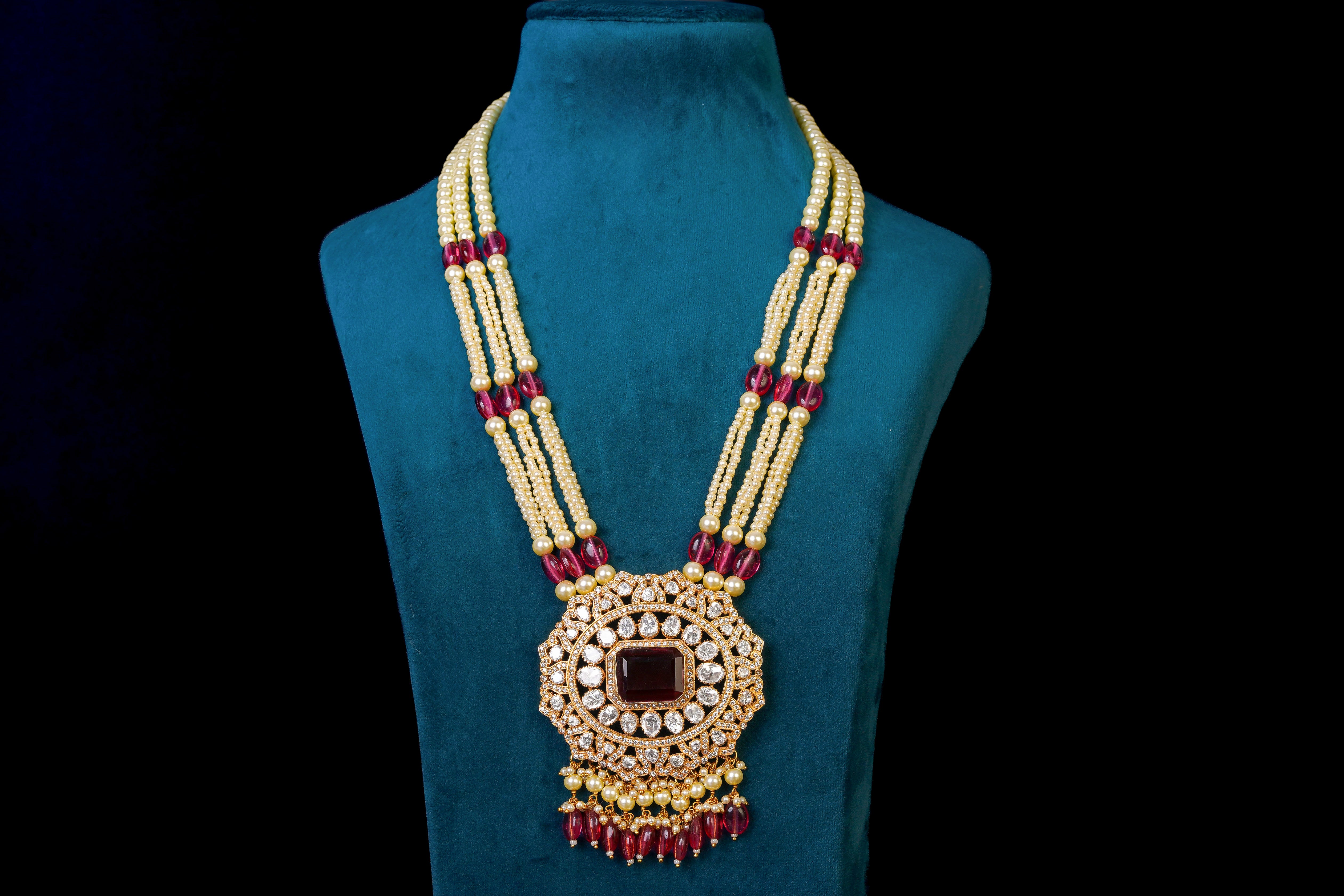 Red Stone Majesty Necklace Set: Exquisite Silver Jewelry By Khaitan Jewels