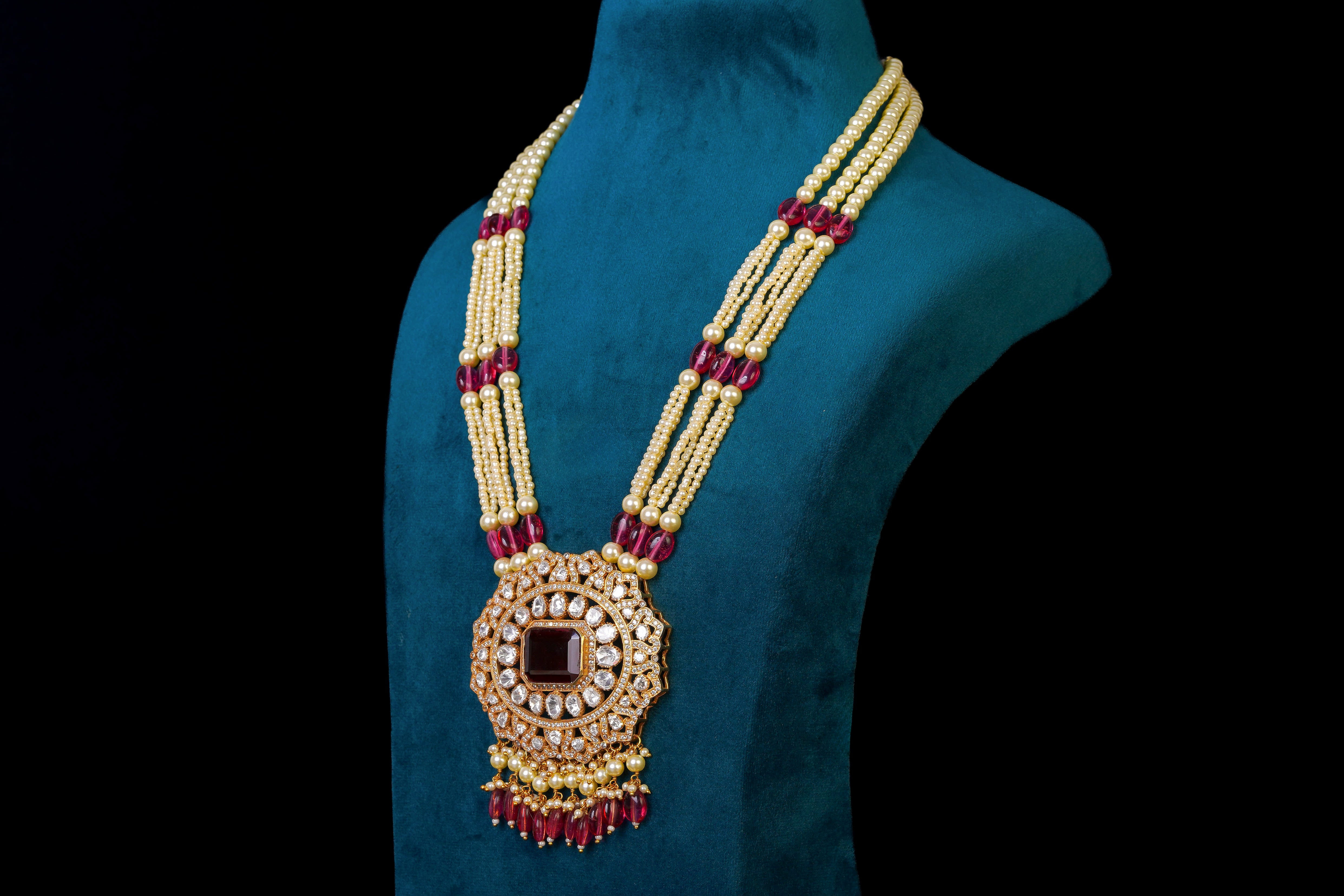 Red Stone Majesty Necklace Set: Exquisite Silver Jewelry By Khaitan Jewels