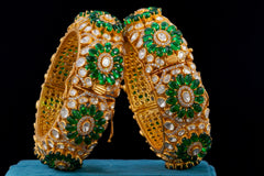 Polki Bangles With Green Stone Work By Khaitan Jewels
