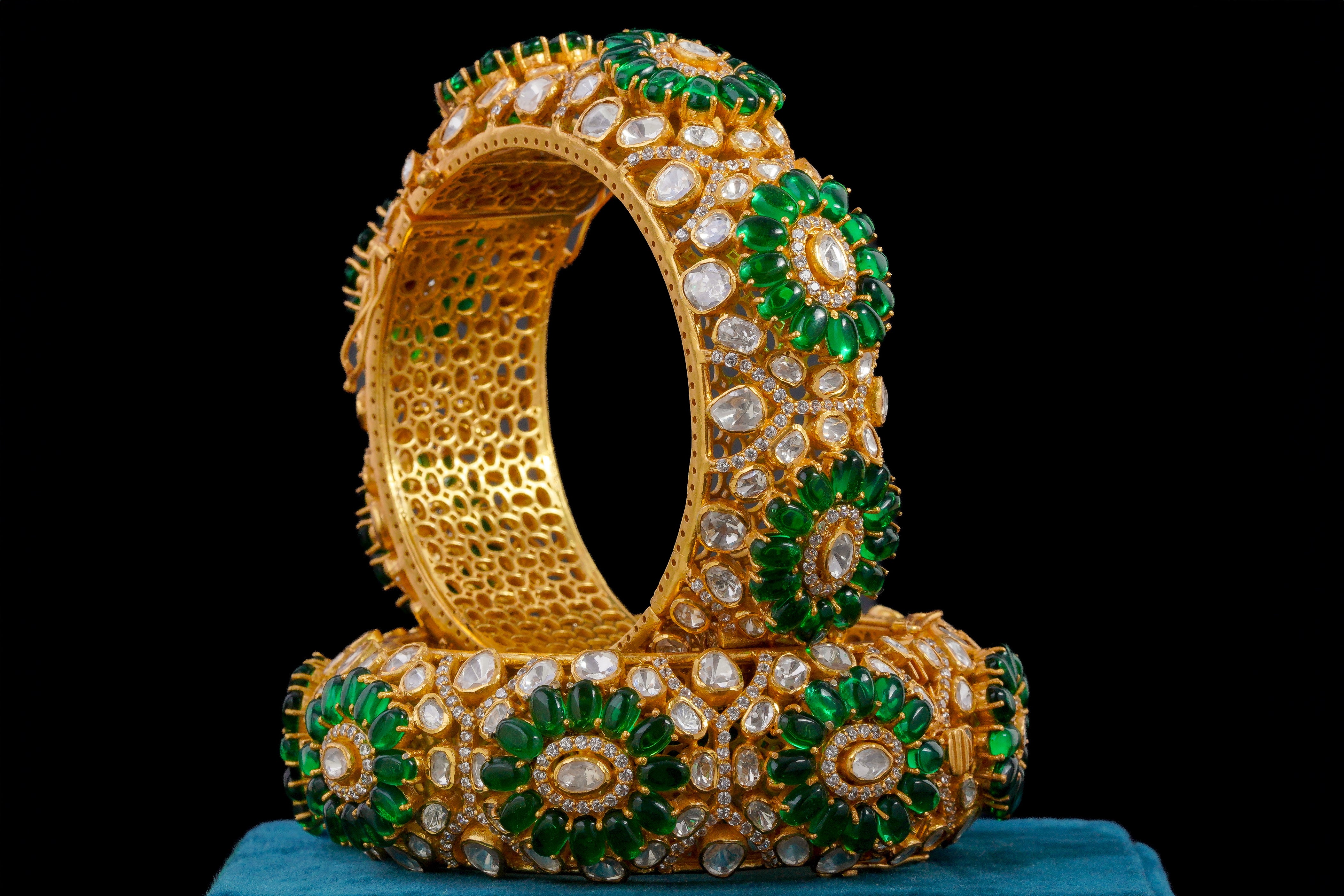 Polki Bangles With Green Stone Work By Khaitan Jewels