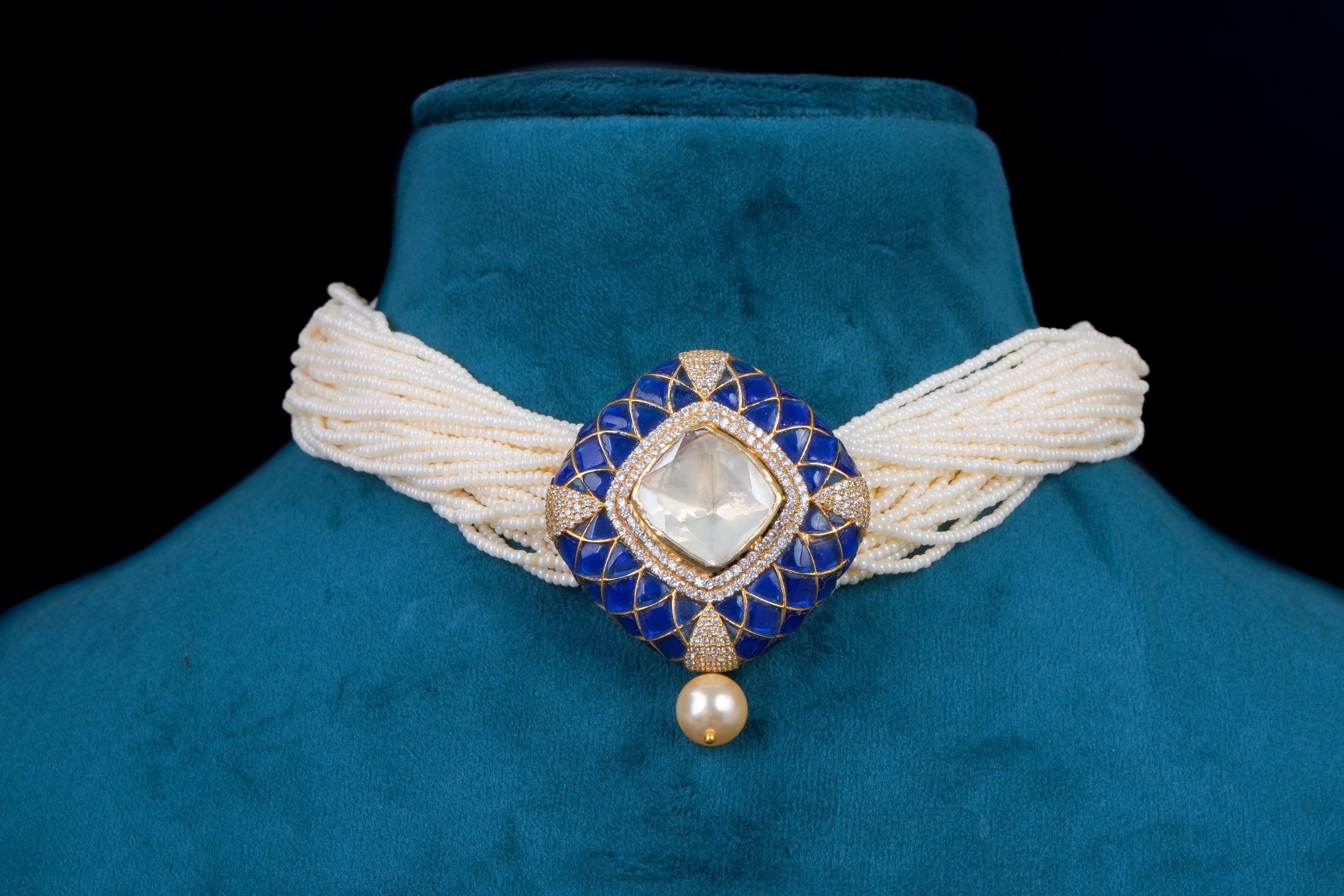 Polki Blue Pearl Elegance Choker Set by Khaitan Jewels