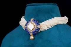 Polki Blue Pearl Elegance Choker Set by Khaitan Jewels