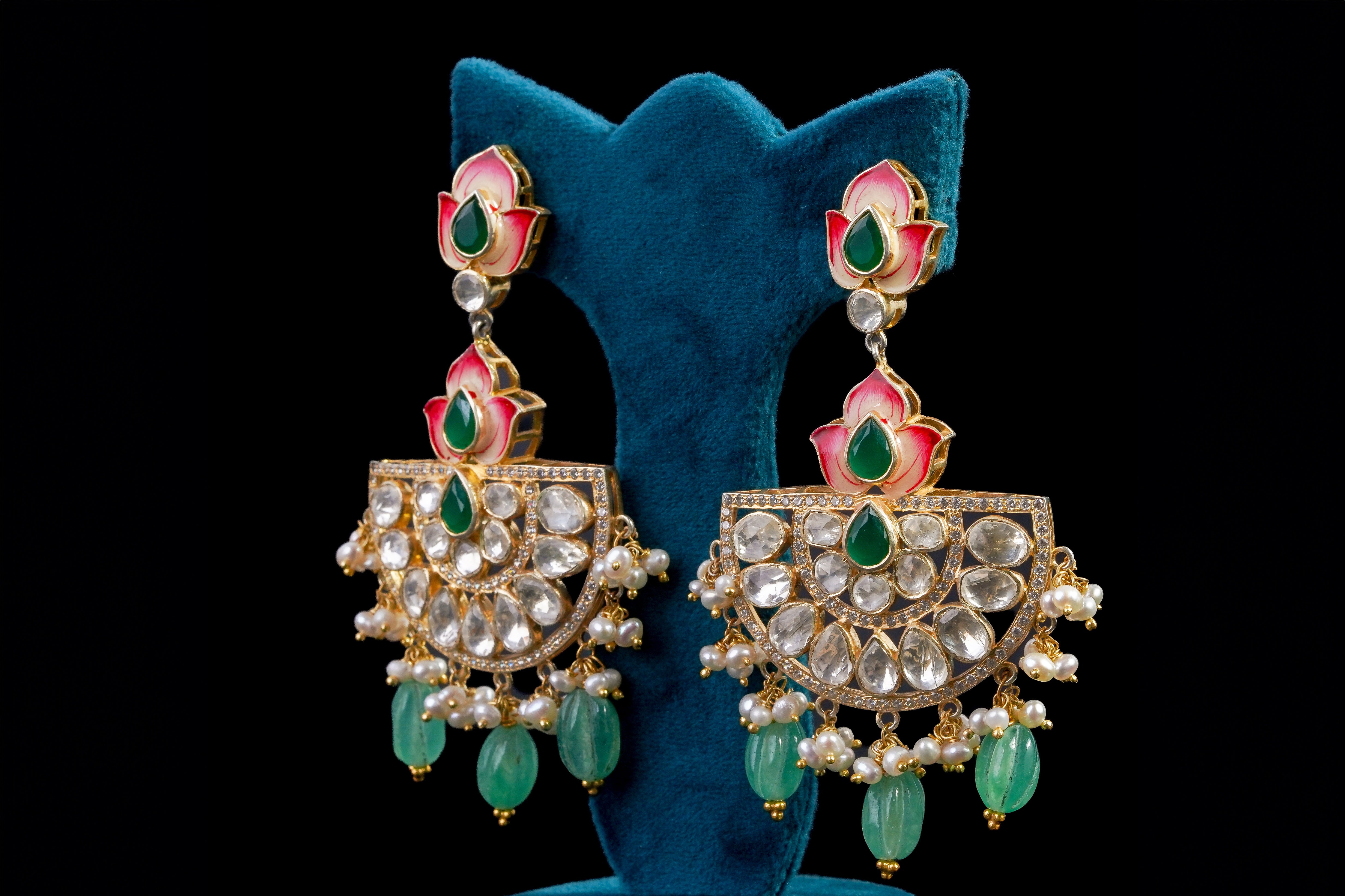 Silver Leaf and Gem Earrings by Khaitan Jewels