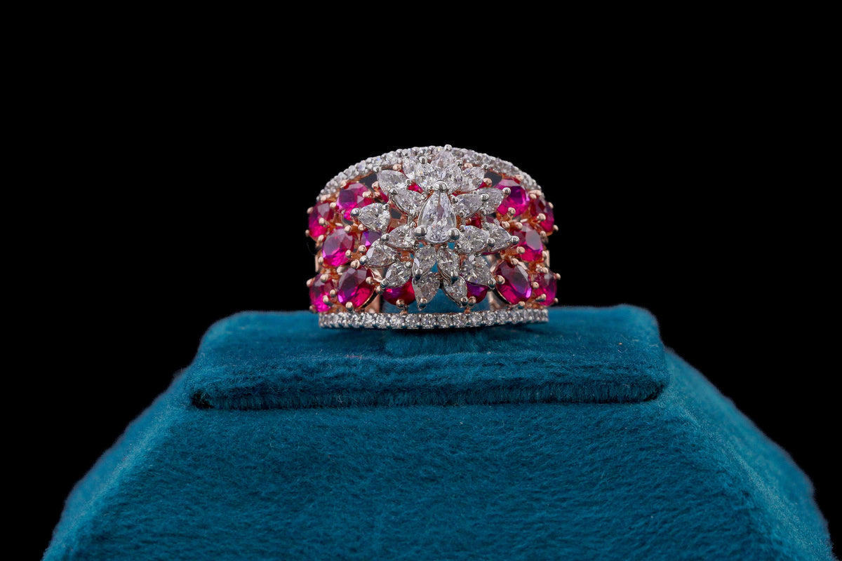 Blushing Rose Design Diamond Ruby Ring By Khaitan Jewels