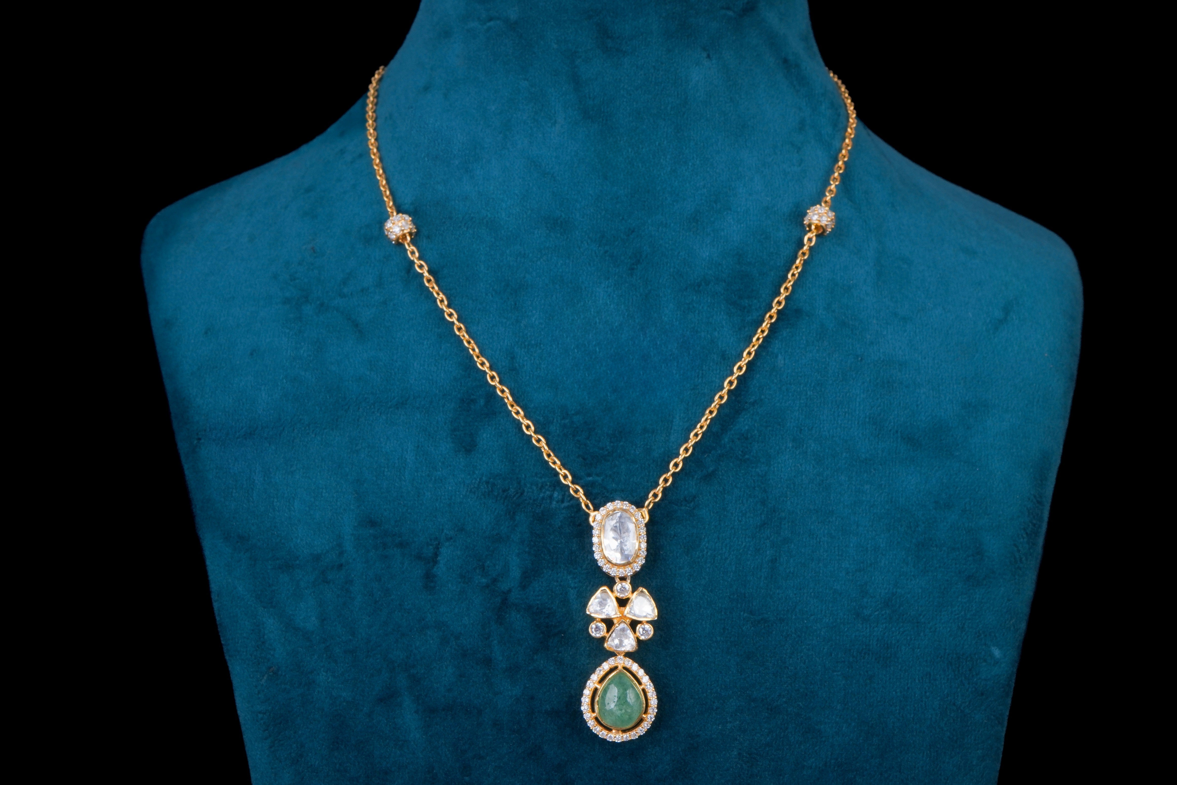 Polki Green Stone Necklace by Khaitan Jewels