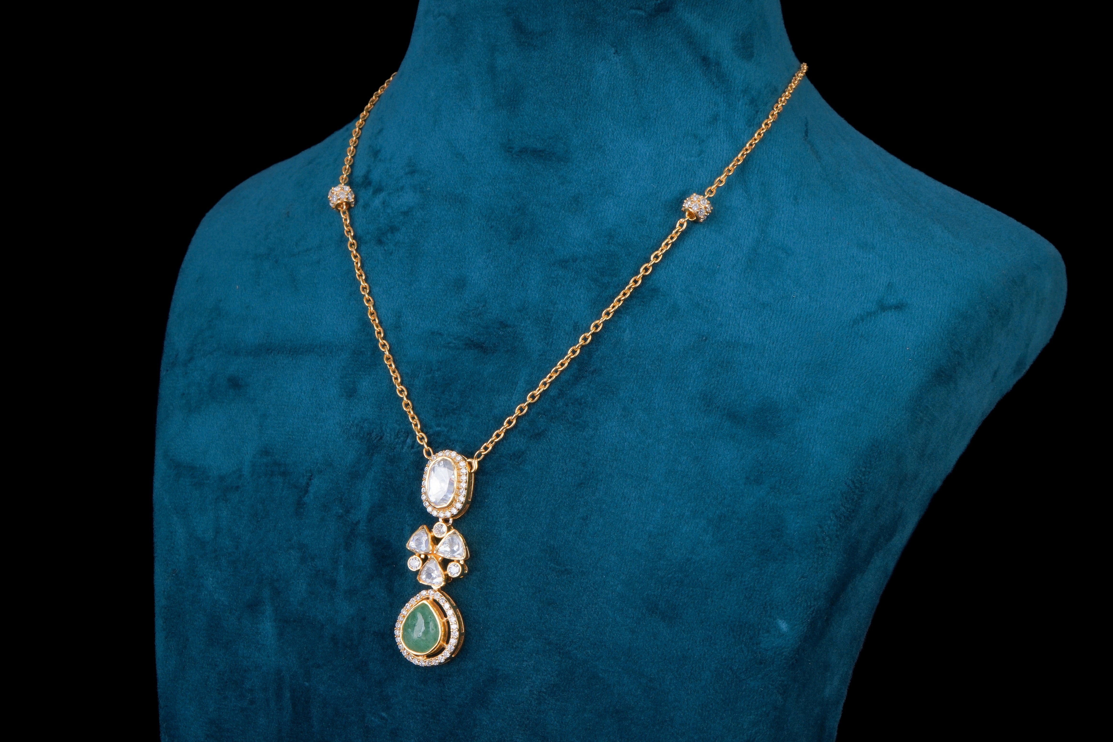 Polki Green Stone Necklace by Khaitan Jewels