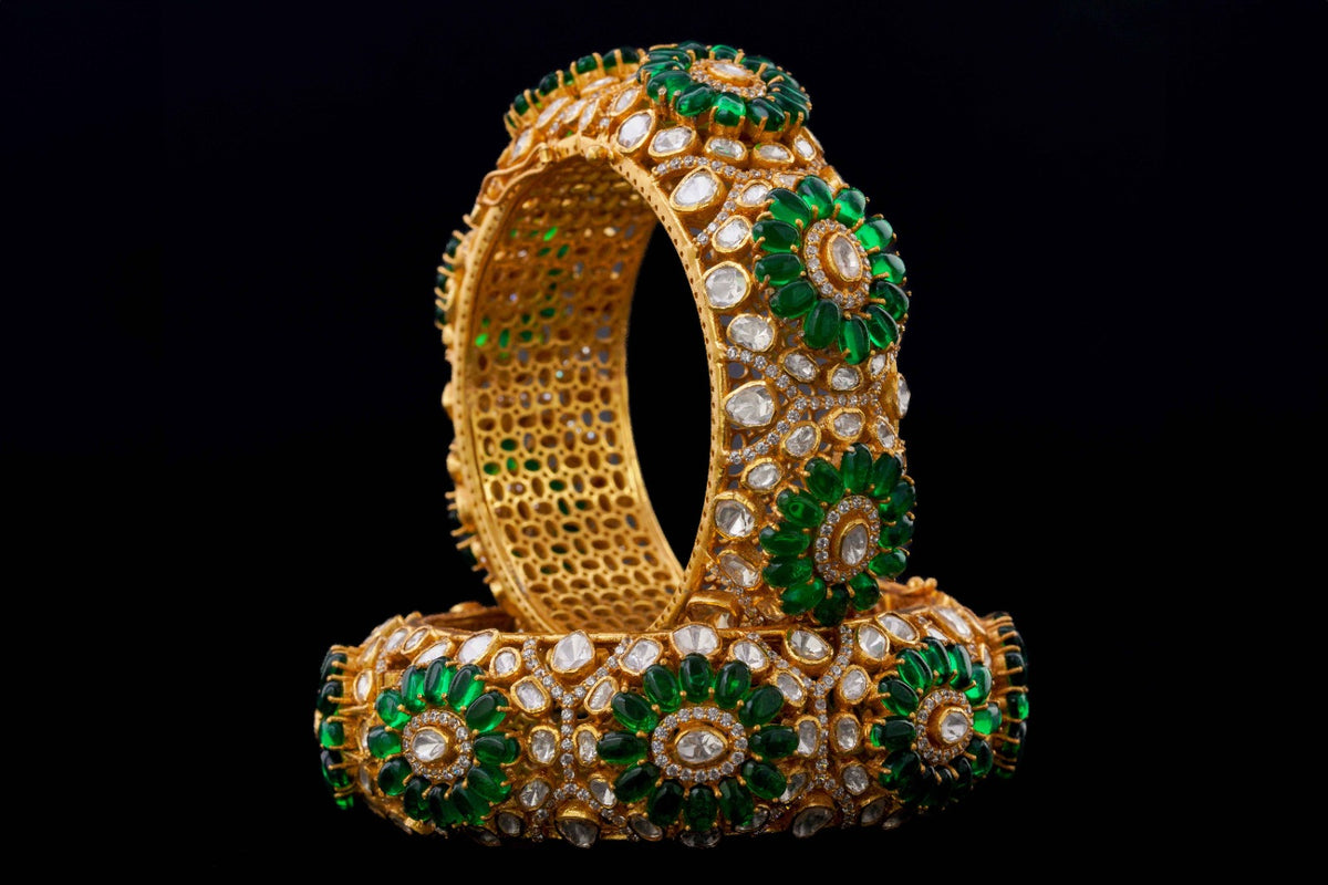 Polki Bangles With Green Stone Work By Khaitan Jewels