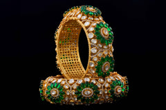 Polki Bangles With Green Stone Work By Khaitan Jewels
